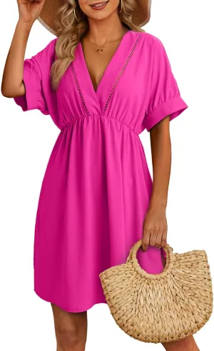 Dokotoo Swimsuit Coverup for Women Hollow Out V Neck Short Sleeve Bathing Suit Bikini Beach Cover Ups Mini Dress