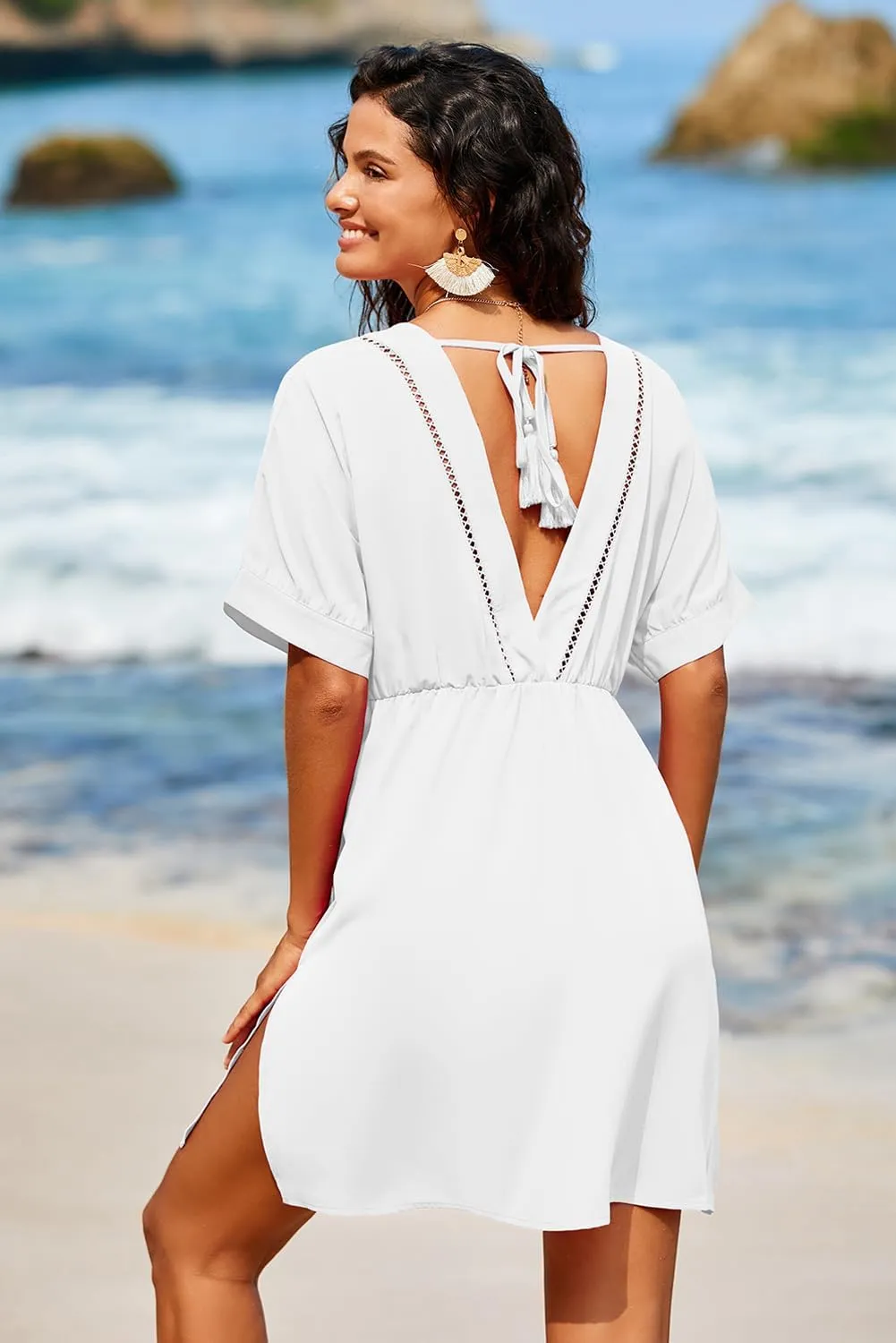 Dokotoo Swimsuit Coverup for Women Hollow Out V Neck Short Sleeve Bathing Suit Bikini Beach Cover Ups Mini Dress