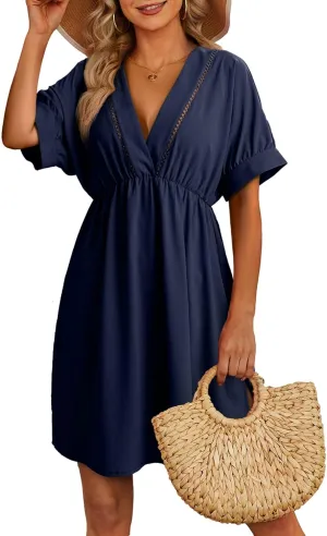 Dokotoo Swimsuit Coverup for Women Hollow Out V Neck Short Sleeve Bathing Suit Bikini Beach Cover Ups Mini Dress