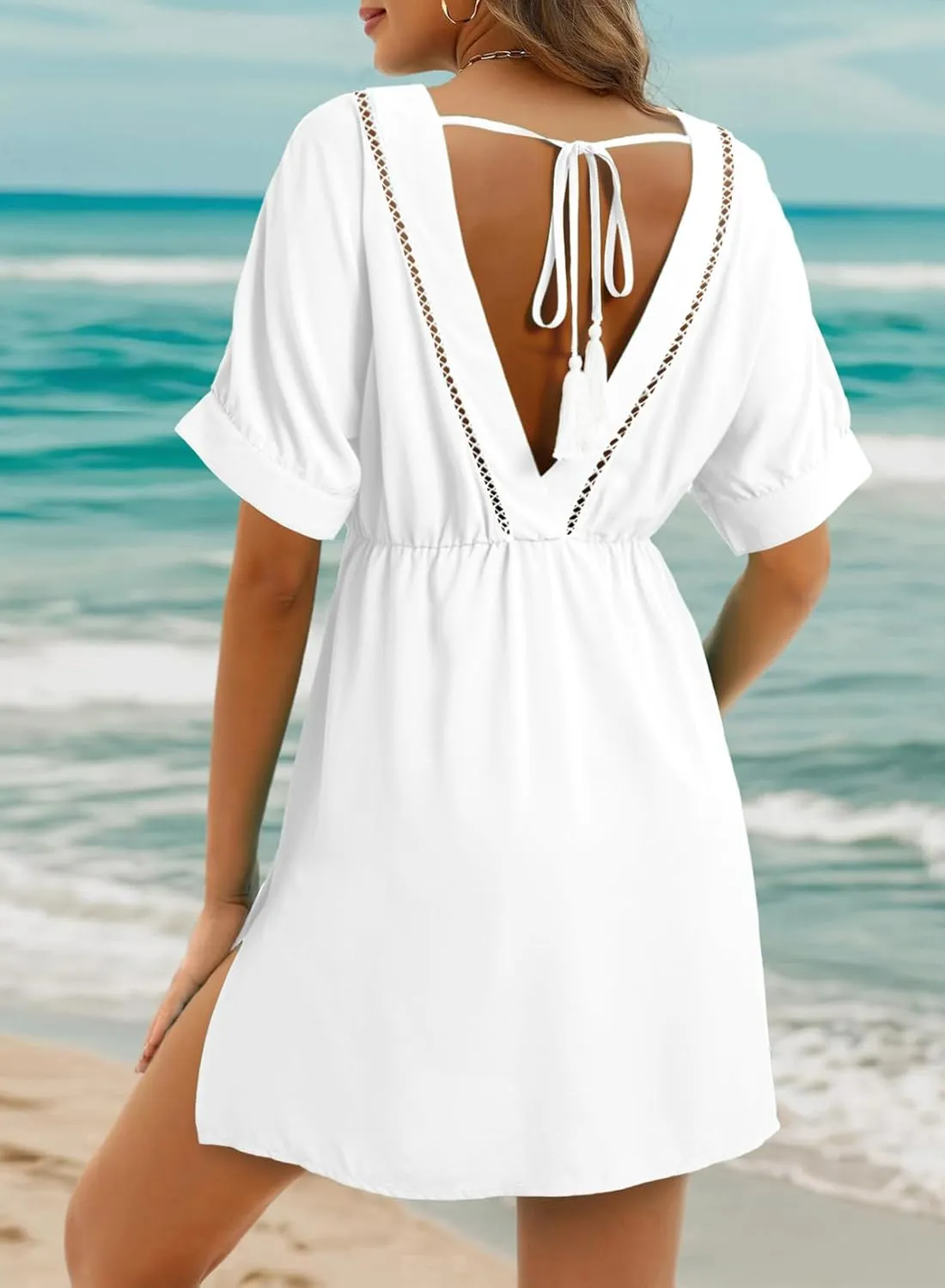 Dokotoo Swimsuit Coverup for Women Hollow Out V Neck Short Sleeve Bathing Suit Bikini Beach Cover Ups Mini Dress