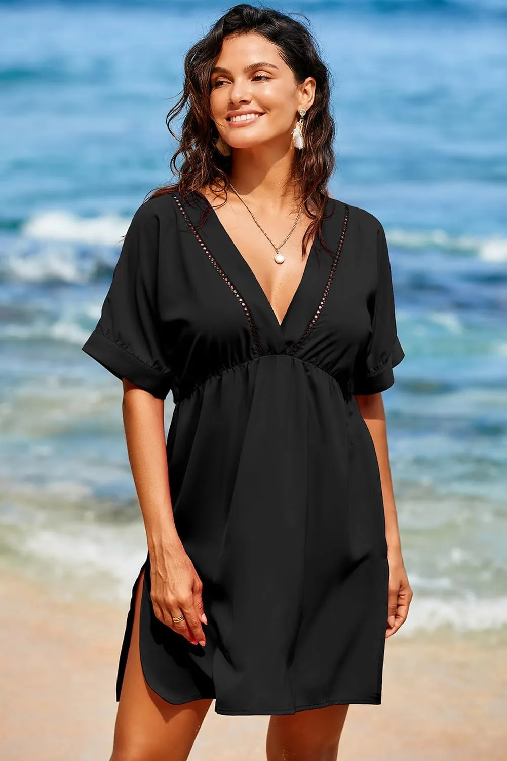 Dokotoo Swimsuit Coverup for Women Hollow Out V Neck Short Sleeve Bathing Suit Bikini Beach Cover Ups Mini Dress