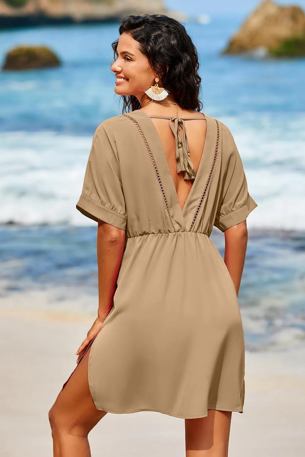 Dokotoo Swimsuit Coverup for Women Hollow Out V Neck Short Sleeve Bathing Suit Bikini Beach Cover Ups Mini Dress