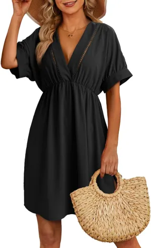 Dokotoo Swimsuit Coverup for Women Hollow Out V Neck Short Sleeve Bathing Suit Bikini Beach Cover Ups Mini Dress