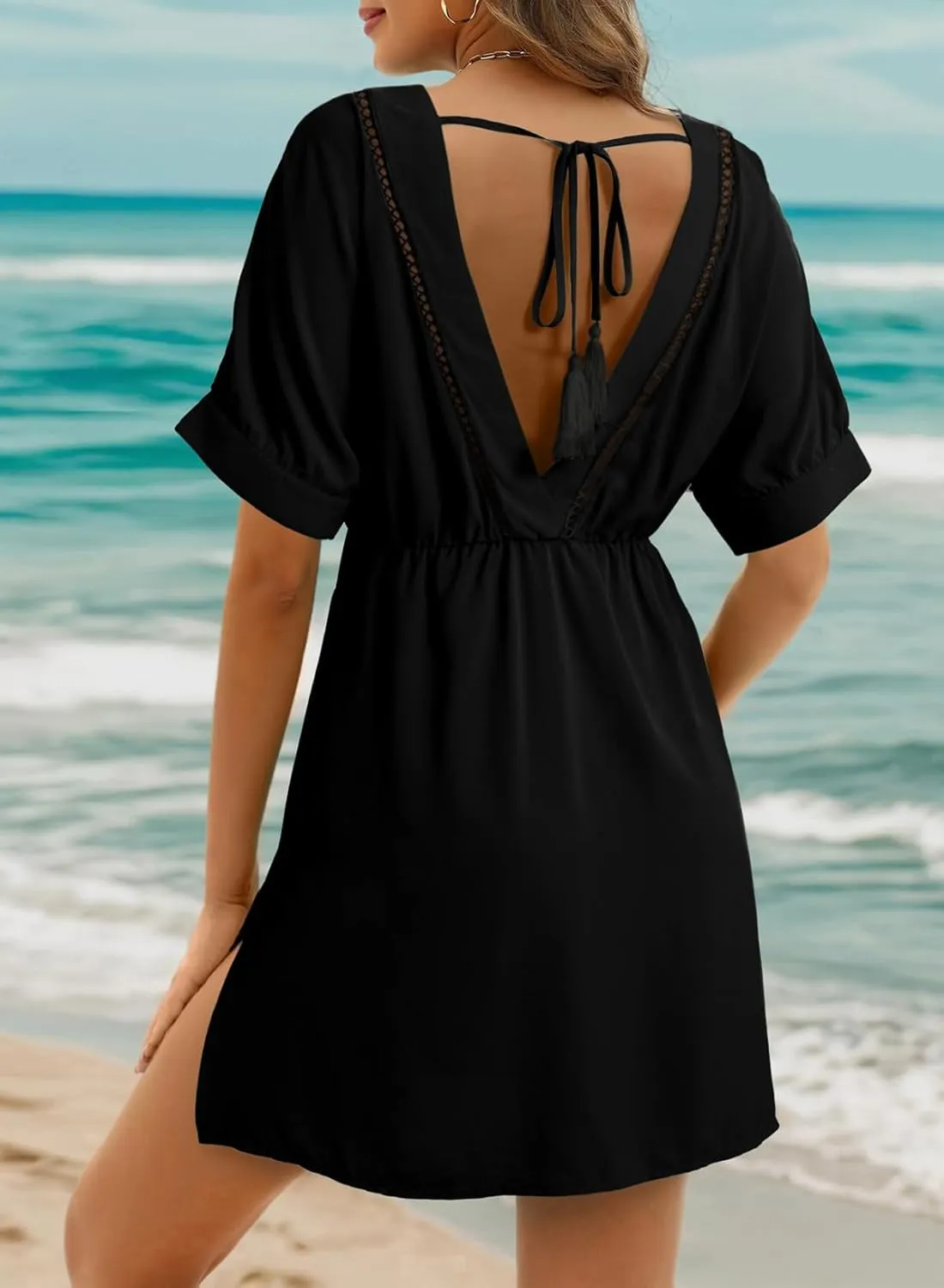 Dokotoo Swimsuit Coverup for Women Hollow Out V Neck Short Sleeve Bathing Suit Bikini Beach Cover Ups Mini Dress