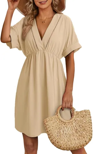 Dokotoo Swimsuit Coverup for Women Hollow Out V Neck Short Sleeve Bathing Suit Bikini Beach Cover Ups Mini Dress