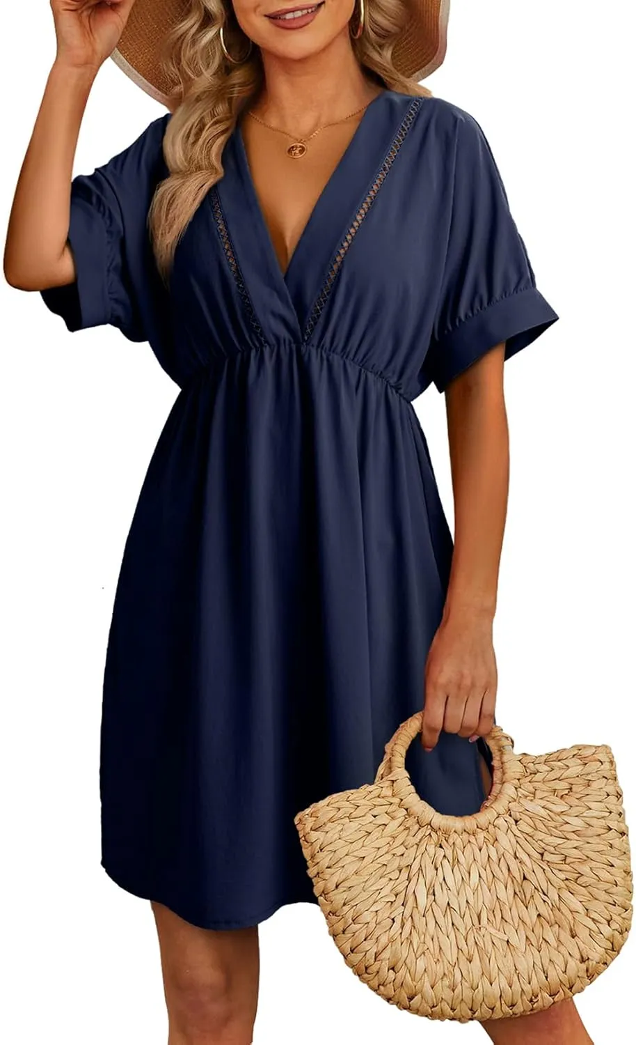Dokotoo Swimsuit Coverup for Women Hollow Out V Neck Short Sleeve Bathing Suit Bikini Beach Cover Ups Mini Dress