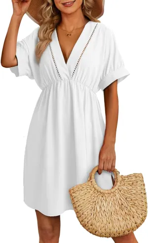 Dokotoo Swimsuit Coverup for Women Hollow Out V Neck Short Sleeve Bathing Suit Bikini Beach Cover Ups Mini Dress