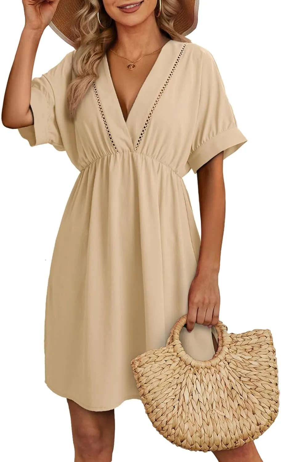 Dokotoo Swimsuit Coverup for Women Hollow Out V Neck Short Sleeve Bathing Suit Bikini Beach Cover Ups Mini Dress