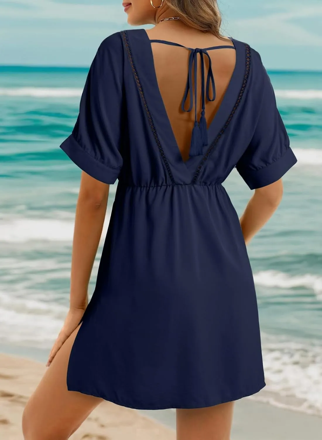 Dokotoo Swimsuit Coverup for Women Hollow Out V Neck Short Sleeve Bathing Suit Bikini Beach Cover Ups Mini Dress