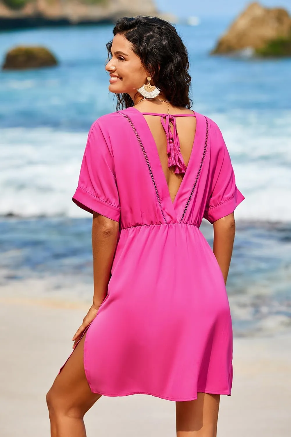 Dokotoo Swimsuit Coverup for Women Hollow Out V Neck Short Sleeve Bathing Suit Bikini Beach Cover Ups Mini Dress