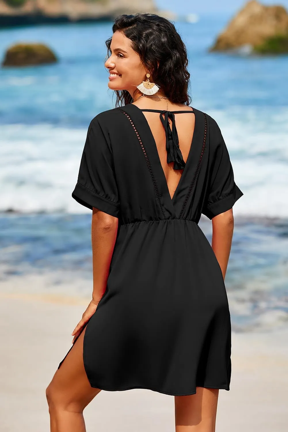 Dokotoo Swimsuit Coverup for Women Hollow Out V Neck Short Sleeve Bathing Suit Bikini Beach Cover Ups Mini Dress