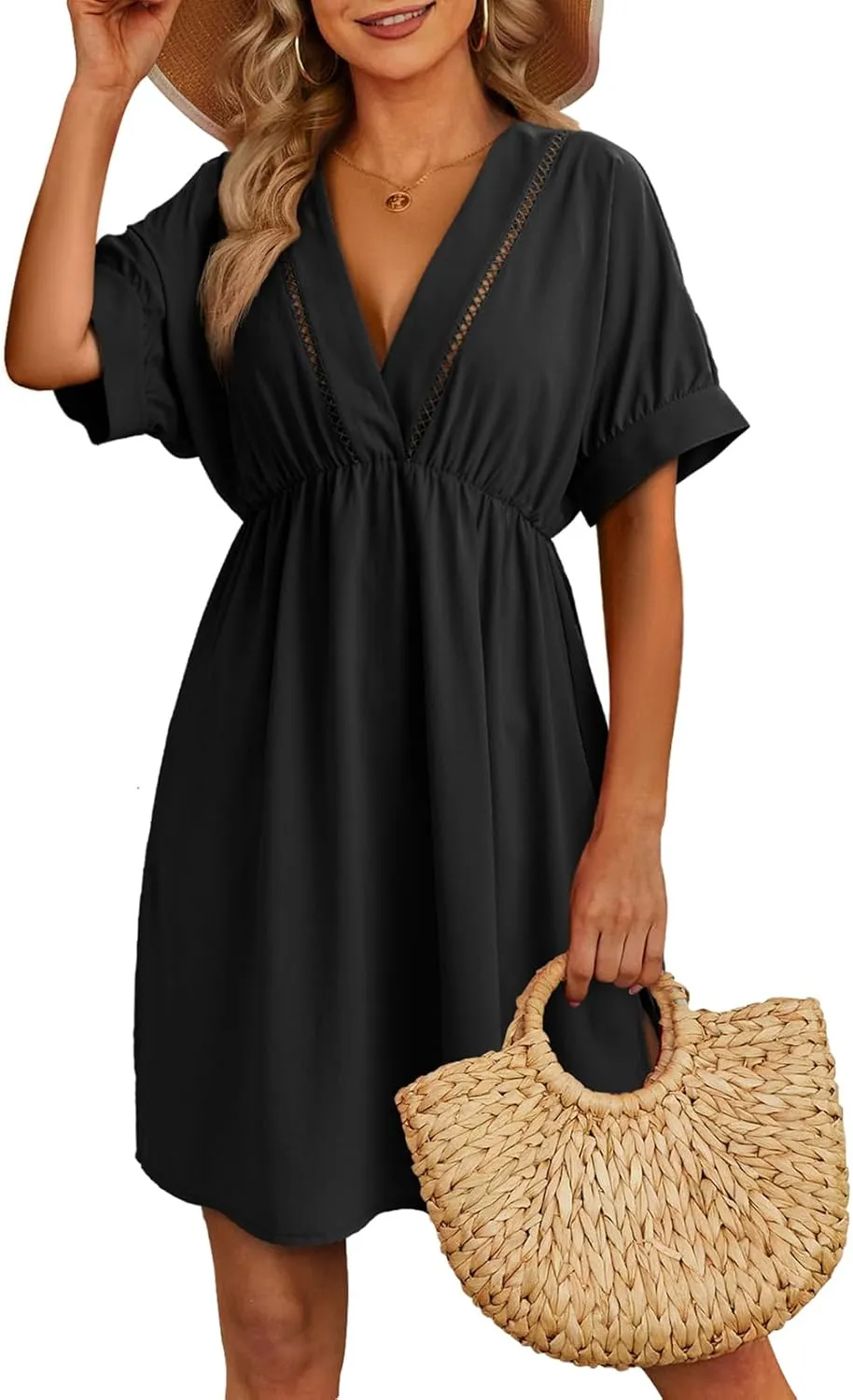 Dokotoo Swimsuit Coverup for Women Hollow Out V Neck Short Sleeve Bathing Suit Bikini Beach Cover Ups Mini Dress