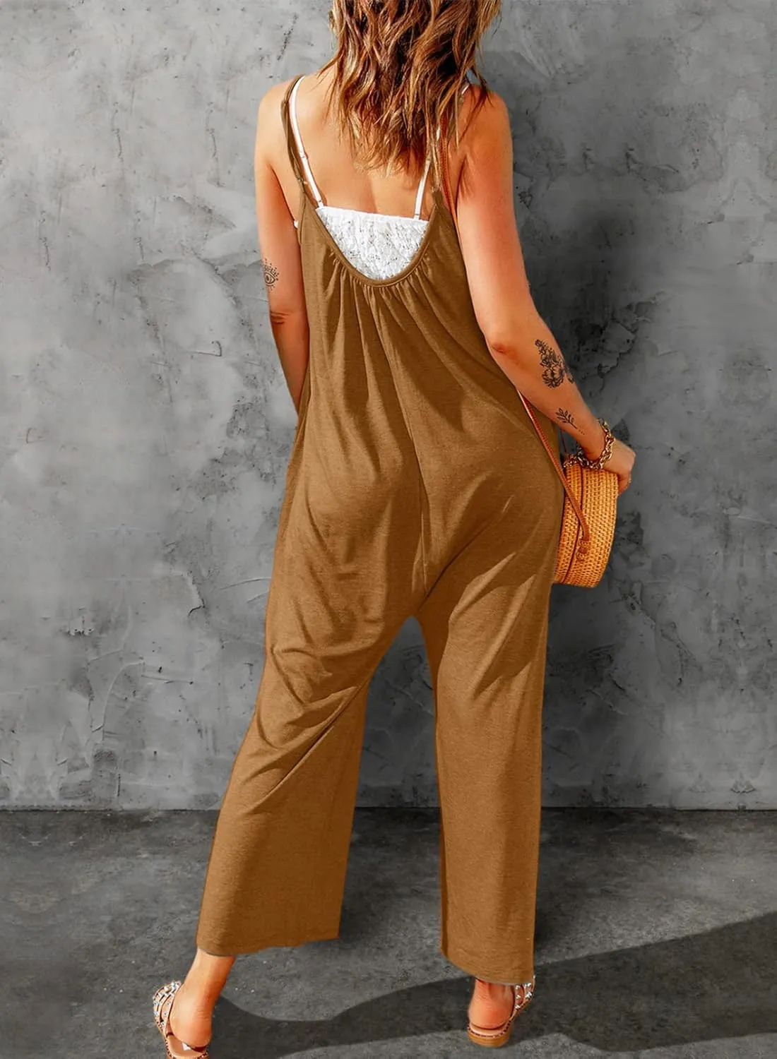 Dokotoo Women's Loose Sleeveless Jumpsuits Adjustable Spaghetti Strap Stretchy Long Pant Romper Jumpsuit with Pockets
