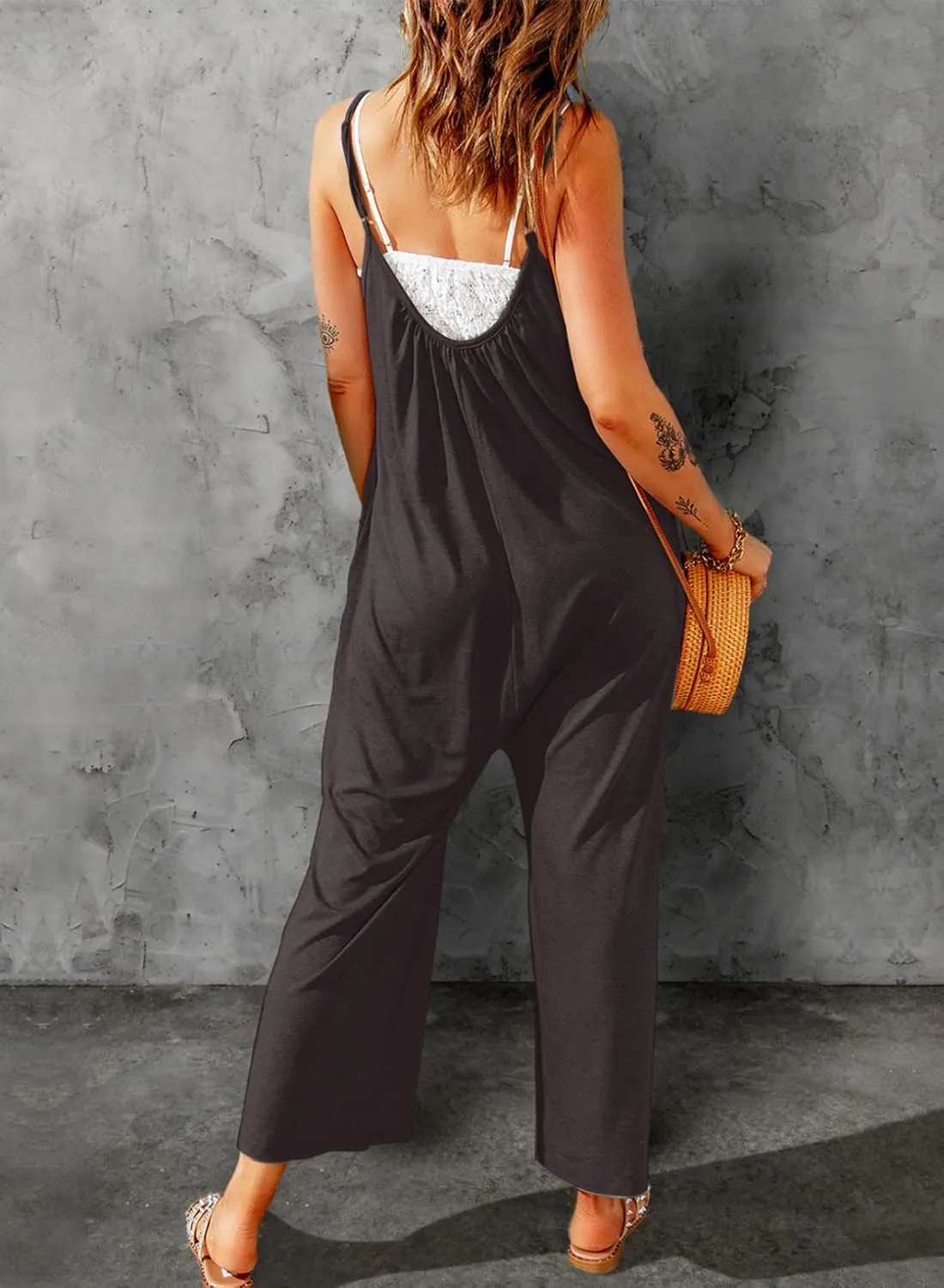 Dokotoo Women's Loose Sleeveless Jumpsuits Adjustable Spaghetti Strap Stretchy Long Pant Romper Jumpsuit with Pockets