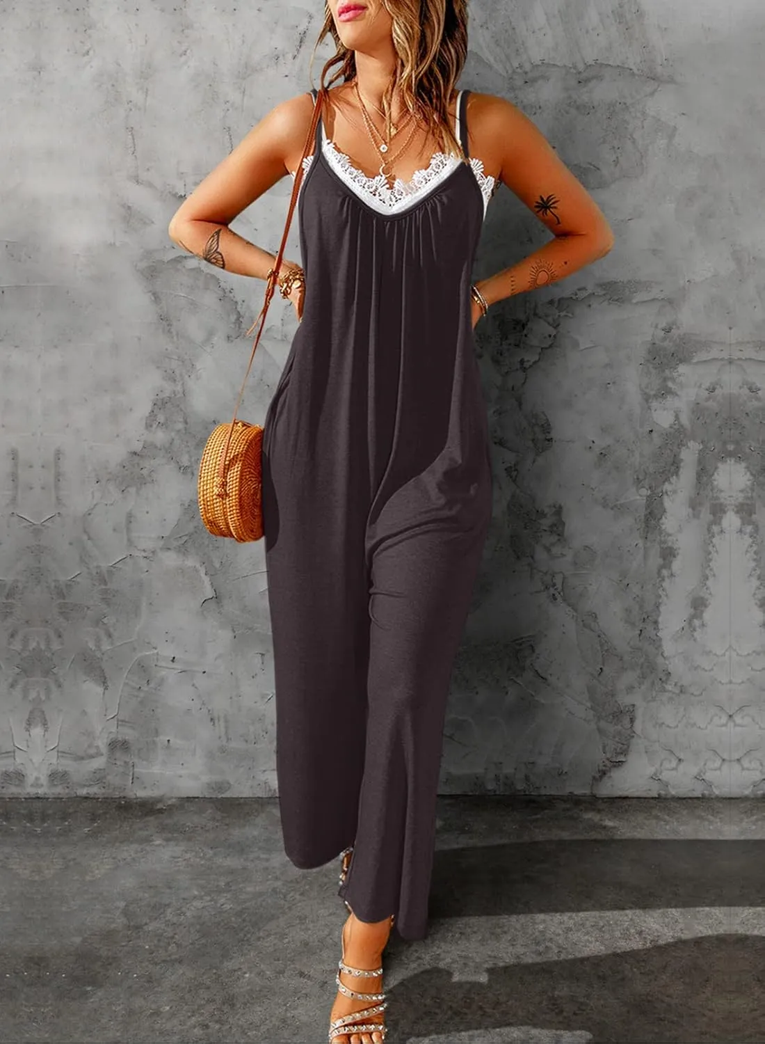 Dokotoo Women's Loose Sleeveless Jumpsuits Adjustable Spaghetti Strap Stretchy Long Pant Romper Jumpsuit with Pockets