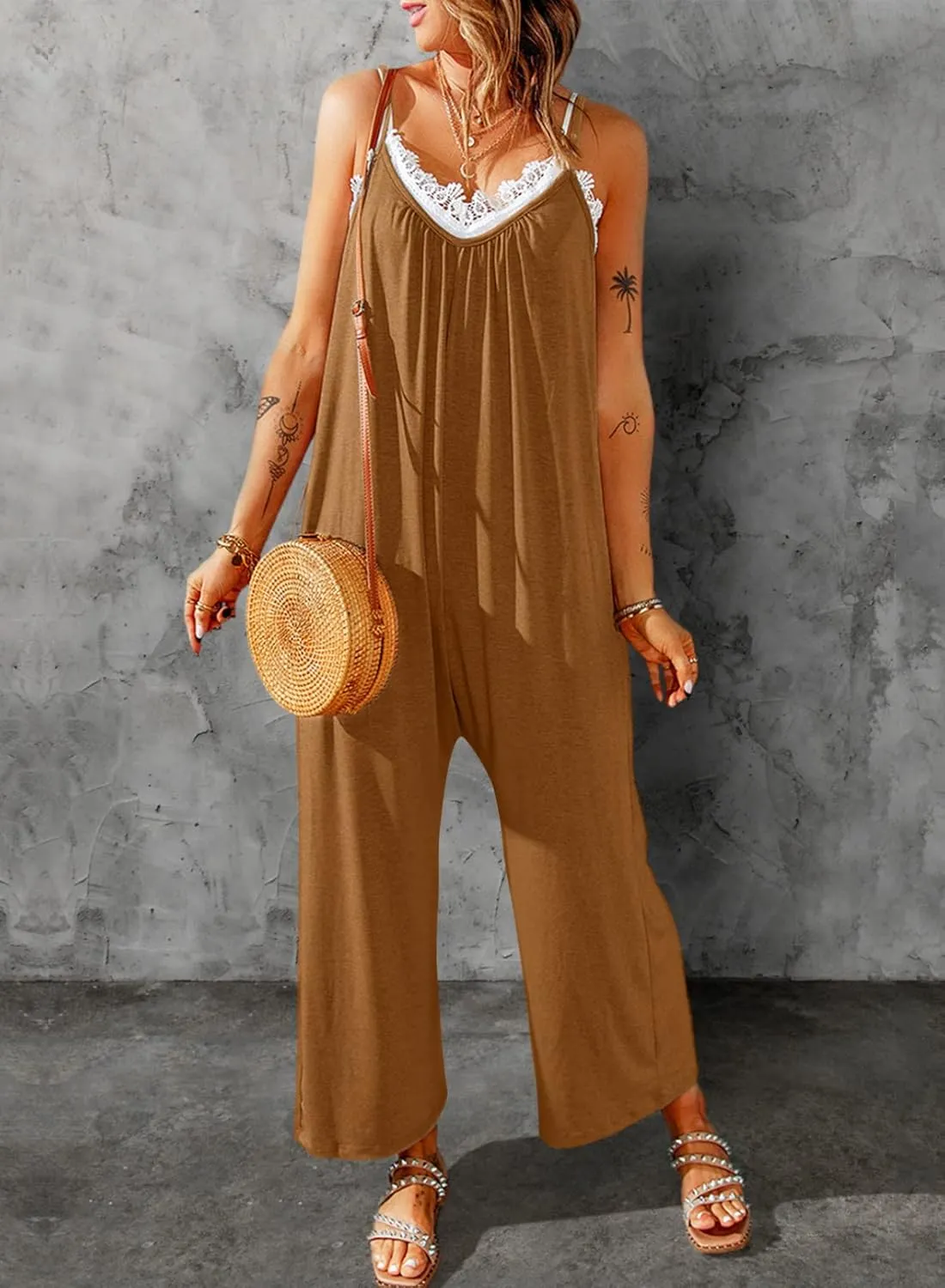 Dokotoo Women's Loose Sleeveless Jumpsuits Adjustable Spaghetti Strap Stretchy Long Pant Romper Jumpsuit with Pockets