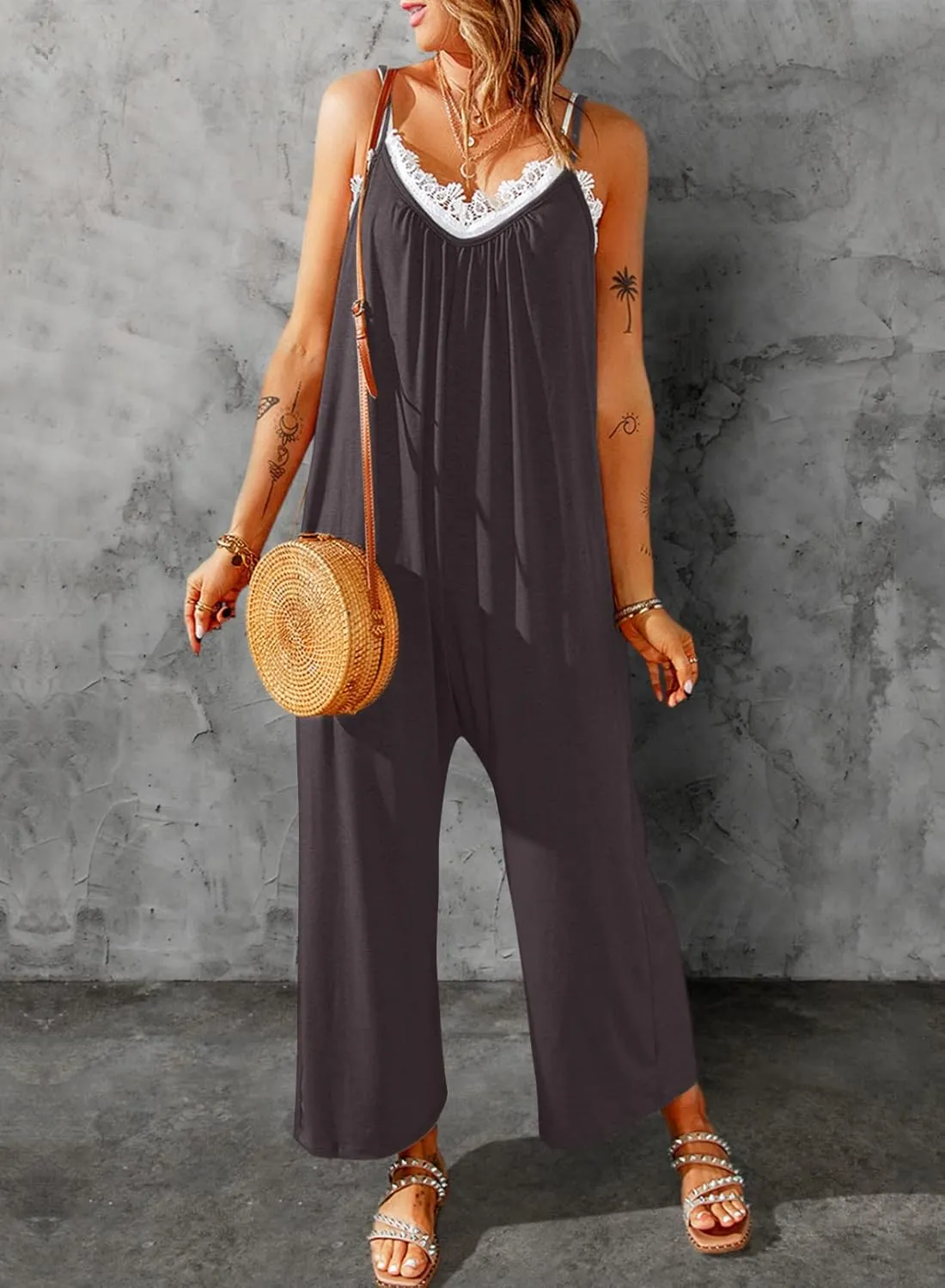 Dokotoo Women's Loose Sleeveless Jumpsuits Adjustable Spaghetti Strap Stretchy Long Pant Romper Jumpsuit with Pockets