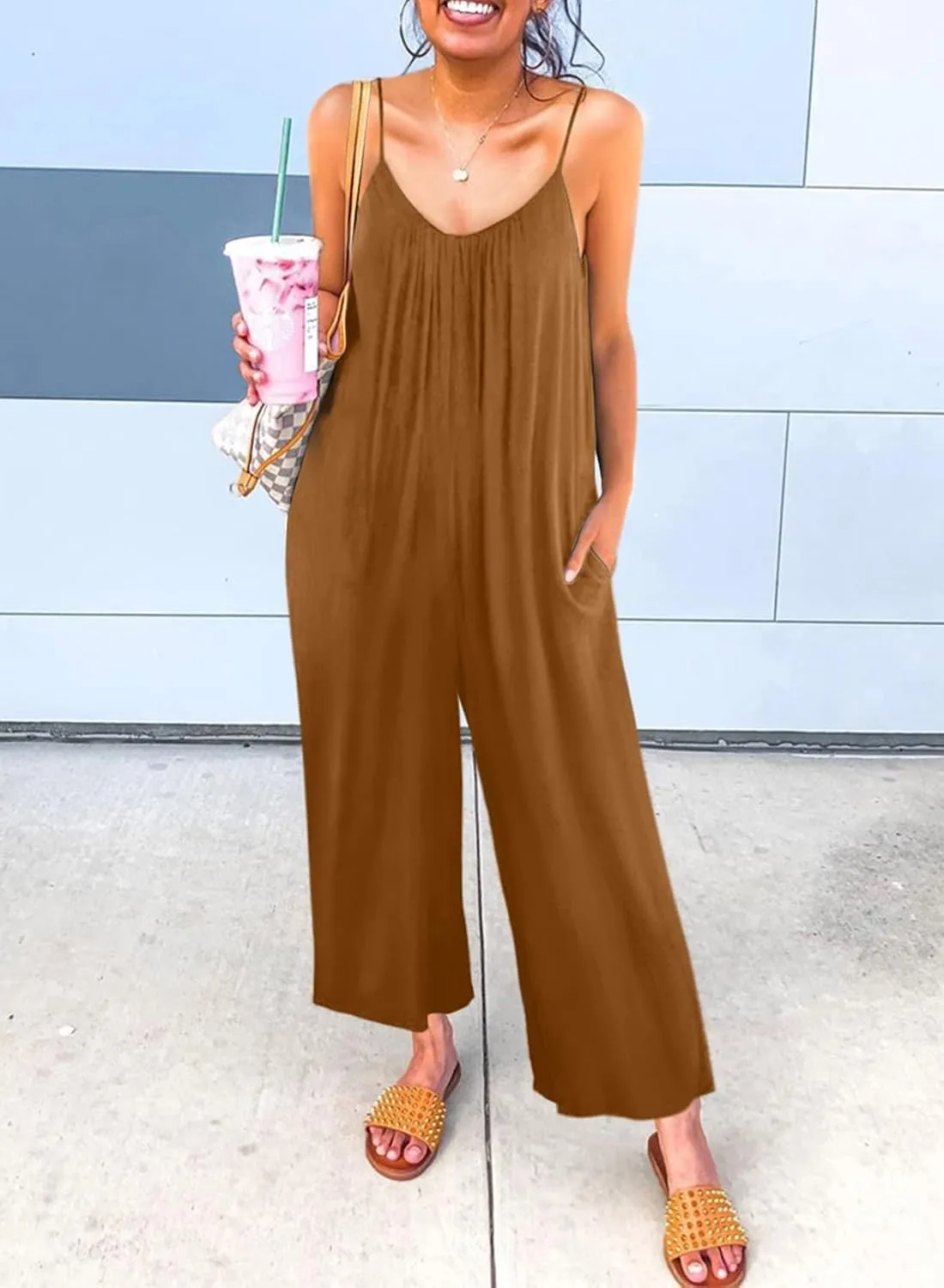 Dokotoo Women's Loose Sleeveless Jumpsuits Adjustable Spaghetti Strap Stretchy Long Pant Romper Jumpsuit with Pockets