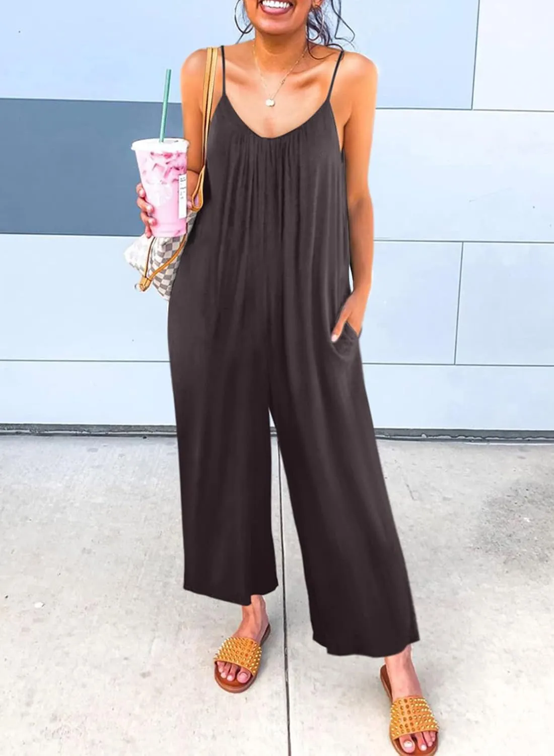 Dokotoo Women's Loose Sleeveless Jumpsuits Adjustable Spaghetti Strap Stretchy Long Pant Romper Jumpsuit with Pockets