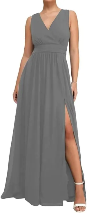 Double V Neck Bridesmaid Dresses for Wedding Guest Chiffon Formal Evening Party Prom Maxi Gown with Slit AN368