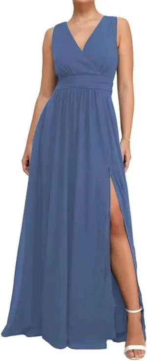 Double V Neck Bridesmaid Dresses for Wedding Guest Chiffon Formal Evening Party Prom Maxi Gown with Slit AN368