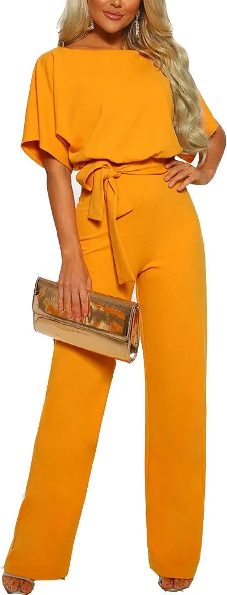 Dreamskull Womens Casual Loose Short Batwing Sleeve Belted Wide Leg Pant Romper Jumpsuits with Belt