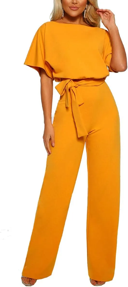 Dreamskull Womens Casual Loose Short Batwing Sleeve Belted Wide Leg Pant Romper Jumpsuits with Belt