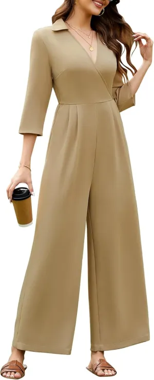 Dressystar V Neck Jumpsuits for Women Dressy Formal Casual Long Sleeve One Piece Outfits Wide Leg Long Romper with Pockets