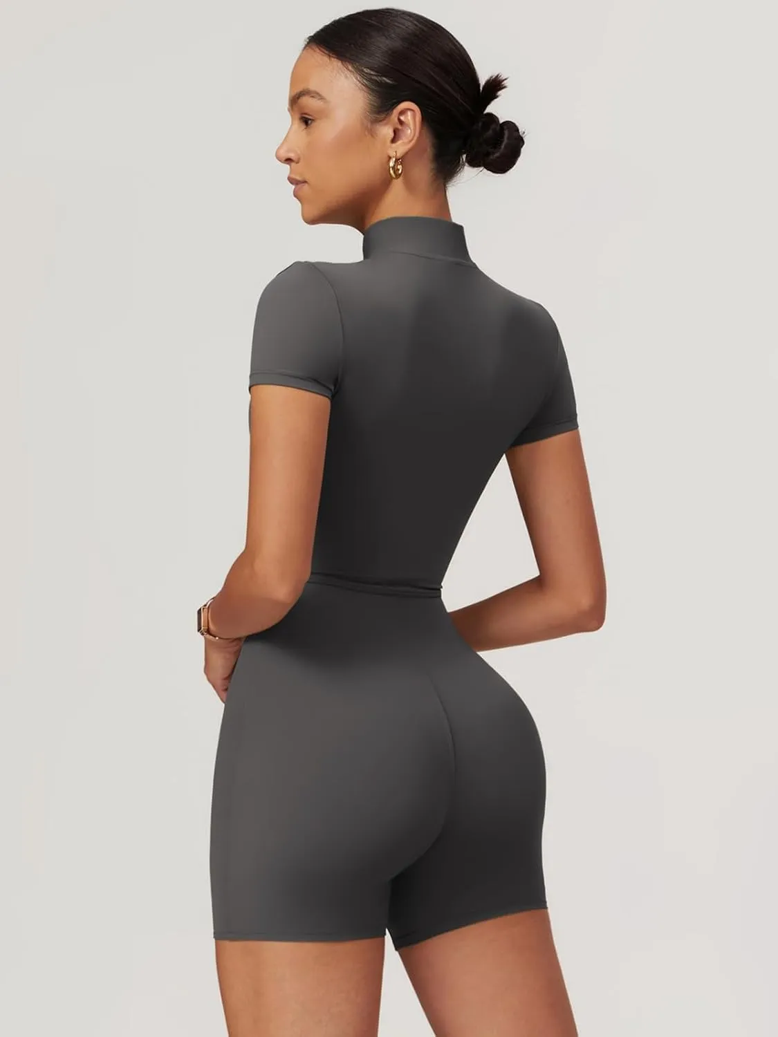 ECUPPER Women Short Sleeve Workout Jumpsuits One Piece Zip Up Gym Romper Tummy Control Athletic Yoga Unitard Bodysuit Shorts