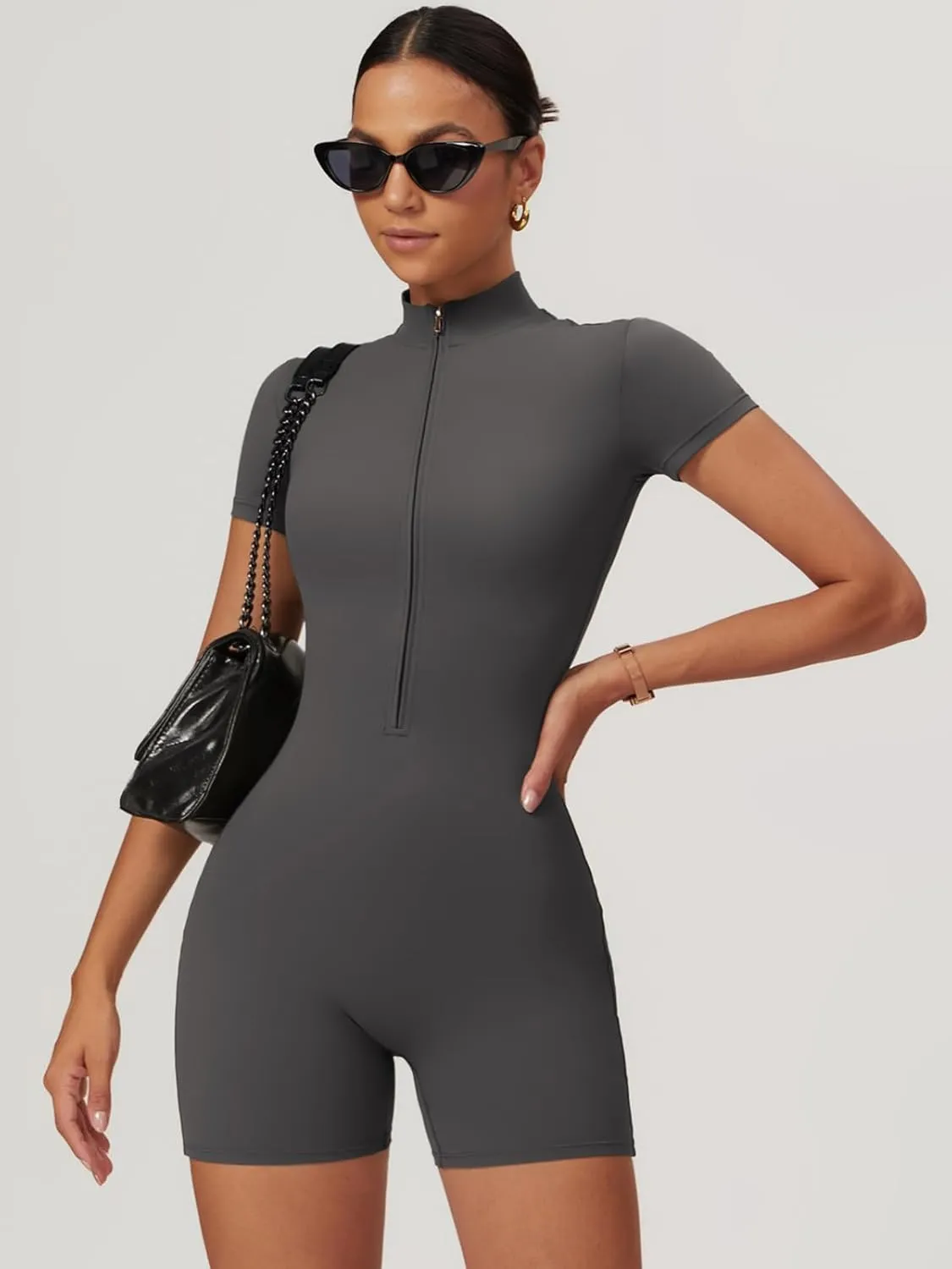 ECUPPER Women Short Sleeve Workout Jumpsuits One Piece Zip Up Gym Romper Tummy Control Athletic Yoga Unitard Bodysuit Shorts