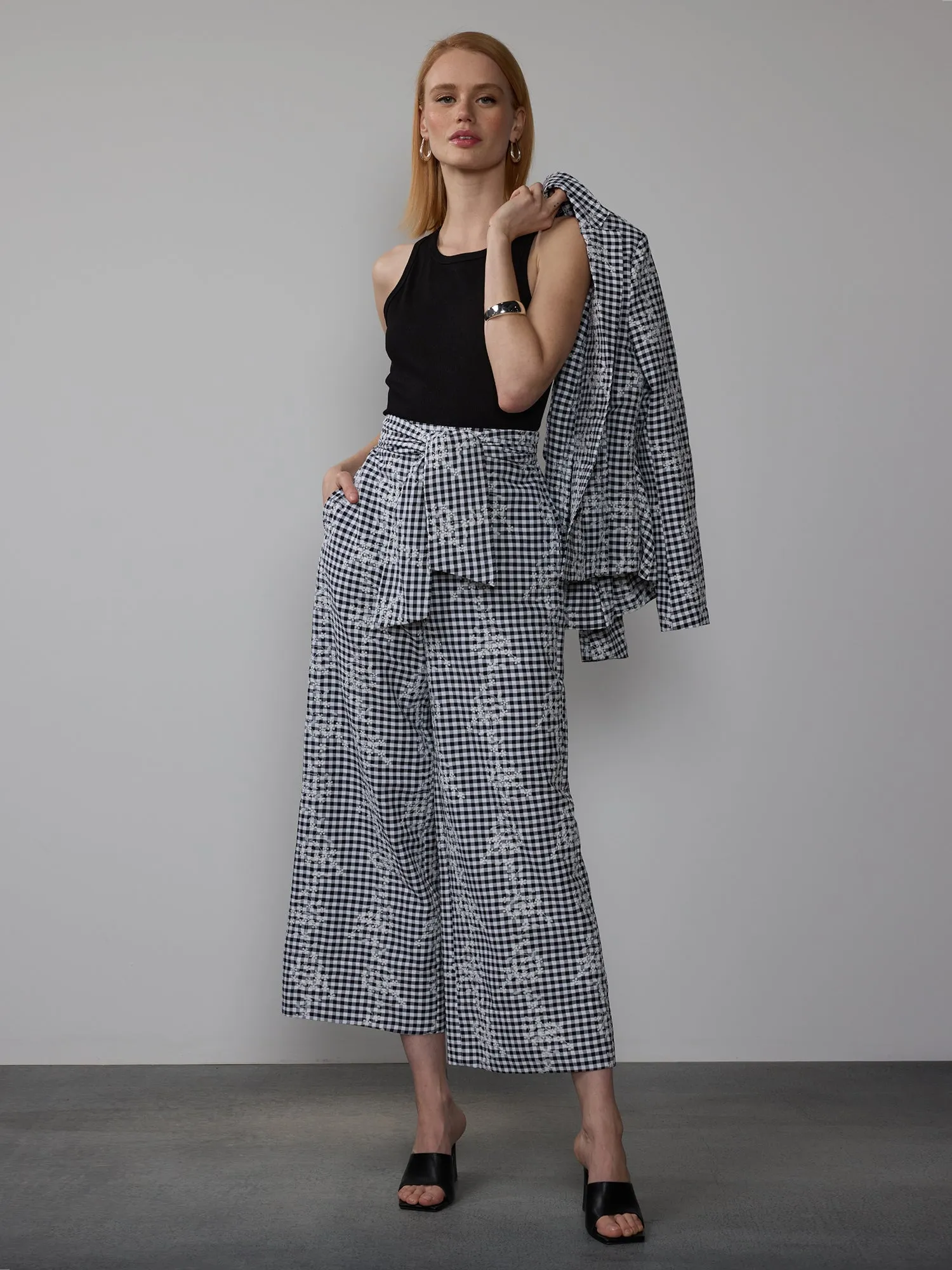 Embroidered Gingham Wide Leg Pants