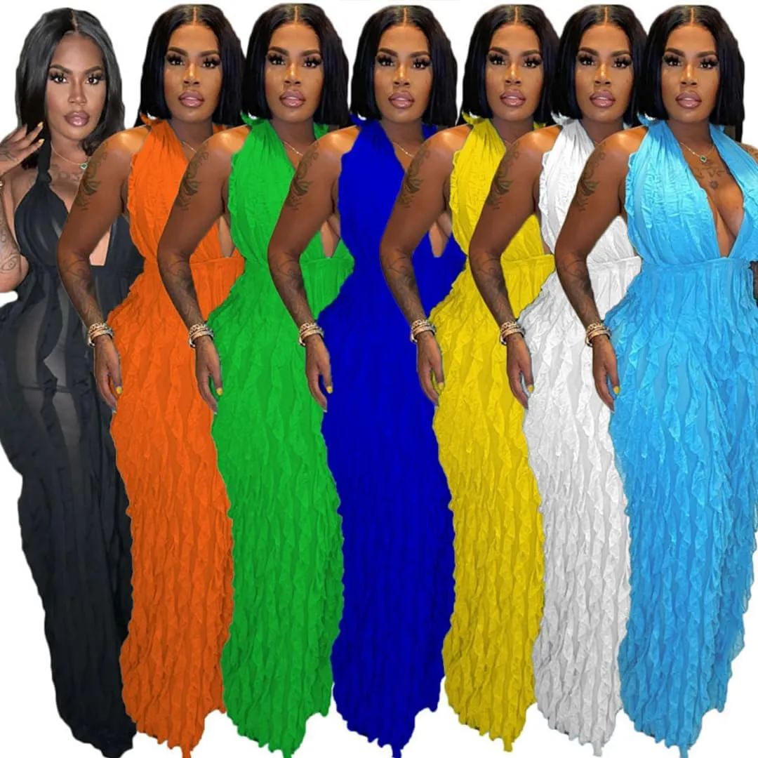 ENOPINK Womens Summer Backless Jumpsuits Dressy Sexy High Waist Wide Leg Romper Ruffle One Piece Outfits Clubwear
