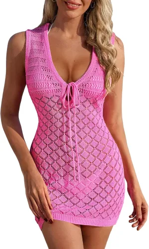 FAIRY SEASON Swimsuit Coverup for Women Crochet Swim Cover Up Knit Hollow Out Cover Up Front Tie Sleeveless Beach Dresses