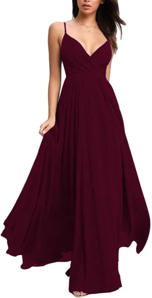 Fanciest Spaghetti Straps V Neck Bridesmaid Dresses Long Chiffon Wedding Fomal Evening Gowns
