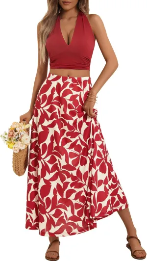 FENSACE Women's Summer Sexy 2 Pieces Floral Beach Vacation Outfits Halter Top Maxi Skirt Set