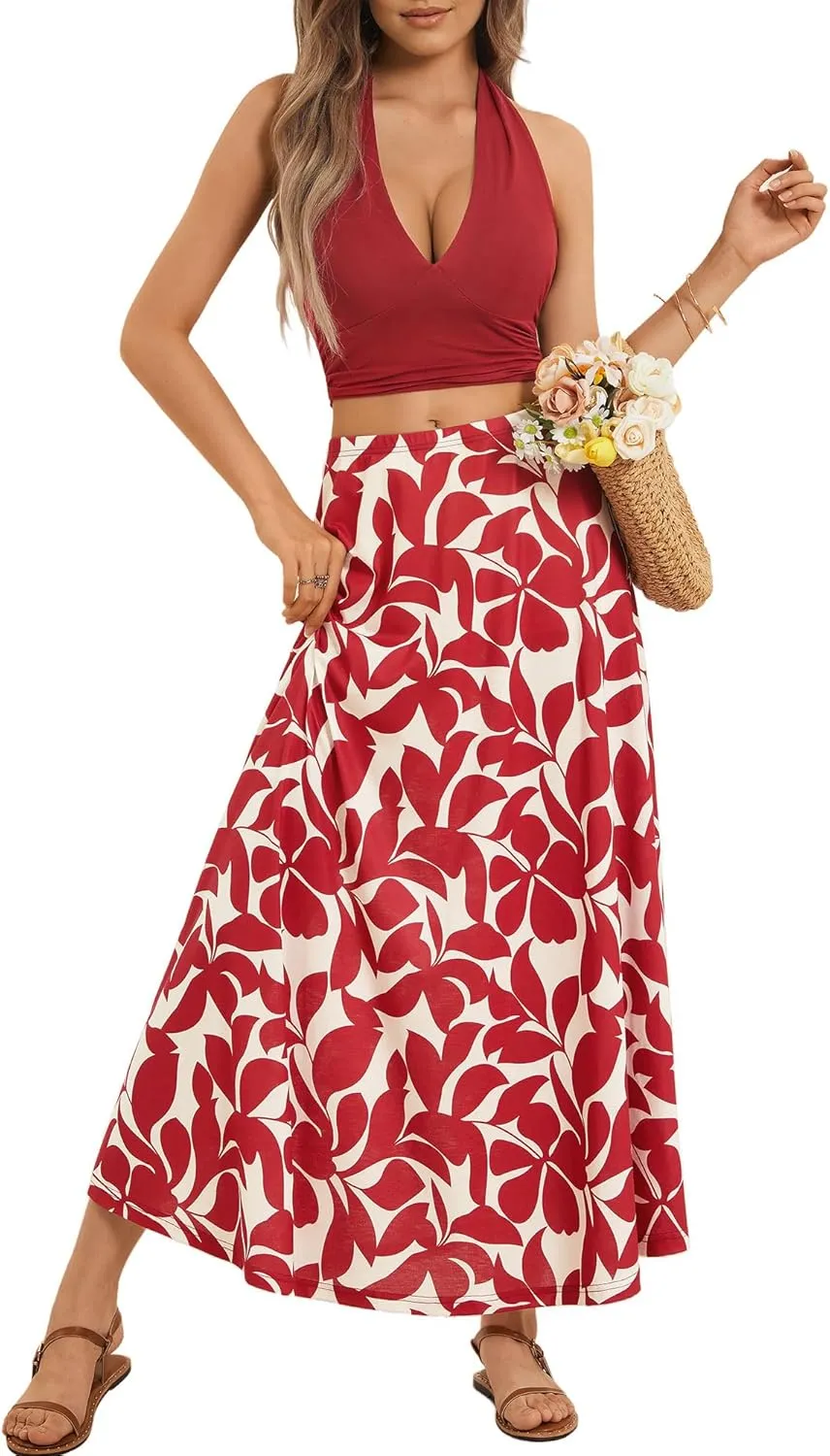 FENSACE Women's Summer Sexy 2 Pieces Floral Beach Vacation Outfits Halter Top Maxi Skirt Set
