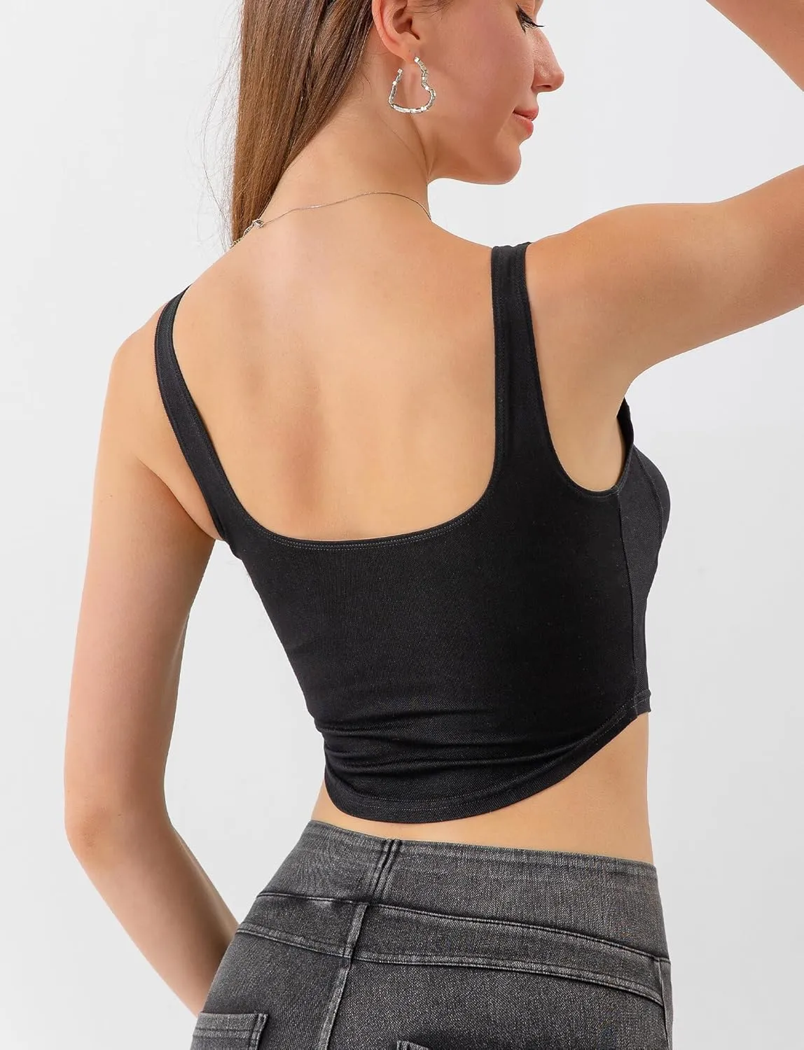 FEOYA Denim Corset Top for Women Square Neck Jean Crop Tank Tops Sleeveless Bustier Cami Cropped Shirt