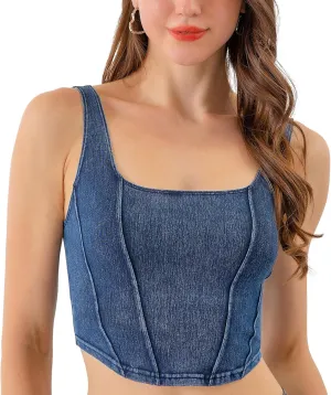 FEOYA Denim Corset Top for Women Square Neck Jean Crop Tank Tops Sleeveless Bustier Cami Cropped Shirt