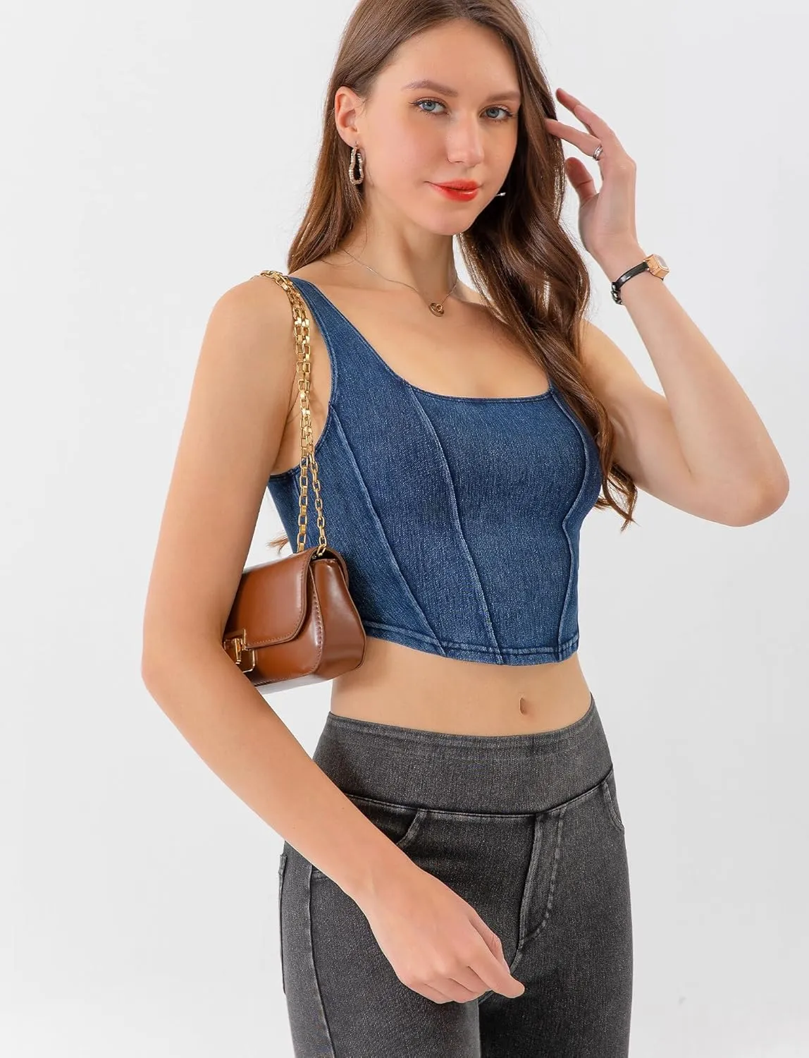 FEOYA Denim Corset Top for Women Square Neck Jean Crop Tank Tops Sleeveless Bustier Cami Cropped Shirt