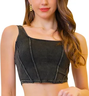 FEOYA Denim Corset Top for Women Square Neck Jean Crop Tank Tops Sleeveless Bustier Cami Cropped Shirt