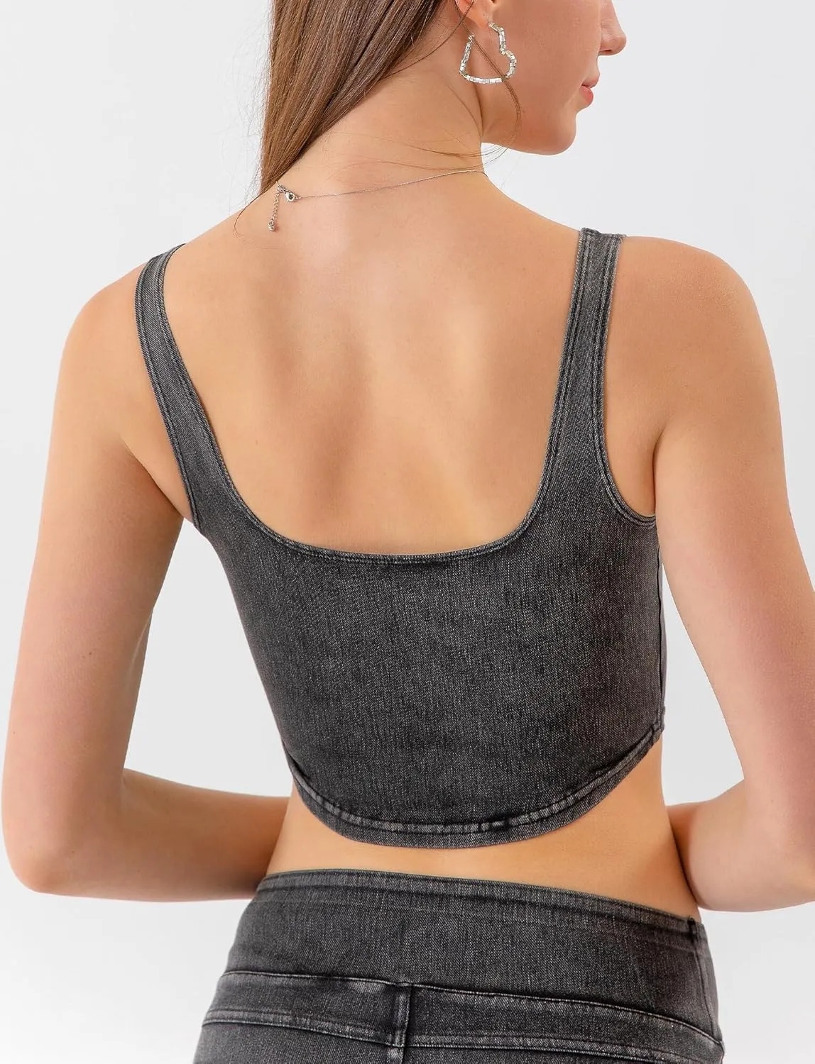 FEOYA Denim Corset Top for Women Square Neck Jean Crop Tank Tops Sleeveless Bustier Cami Cropped Shirt