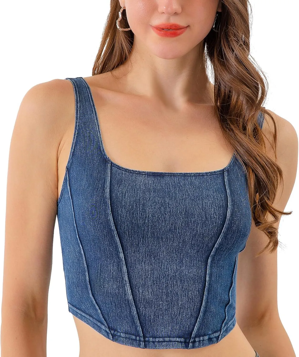 FEOYA Denim Corset Top for Women Square Neck Jean Crop Tank Tops Sleeveless Bustier Cami Cropped Shirt
