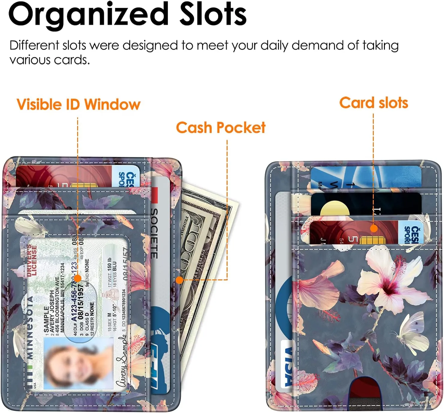 FINTIE Slim Minimalist Front Pocket Wallet, RFID Blocking Credit Card Holder Card Cases with ID Window for Men Women (Blooming Hibiscus)