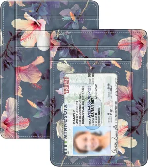FINTIE Slim Minimalist Front Pocket Wallet, RFID Blocking Credit Card Holder Card Cases with ID Window for Men Women (Blooming Hibiscus)