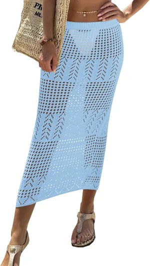 Fisoew Womens Crochet Skirt Cover Up High Waist Sheer Mesh Beach Maxi Skirts Hollow Out Knit Swimsuit Coverups