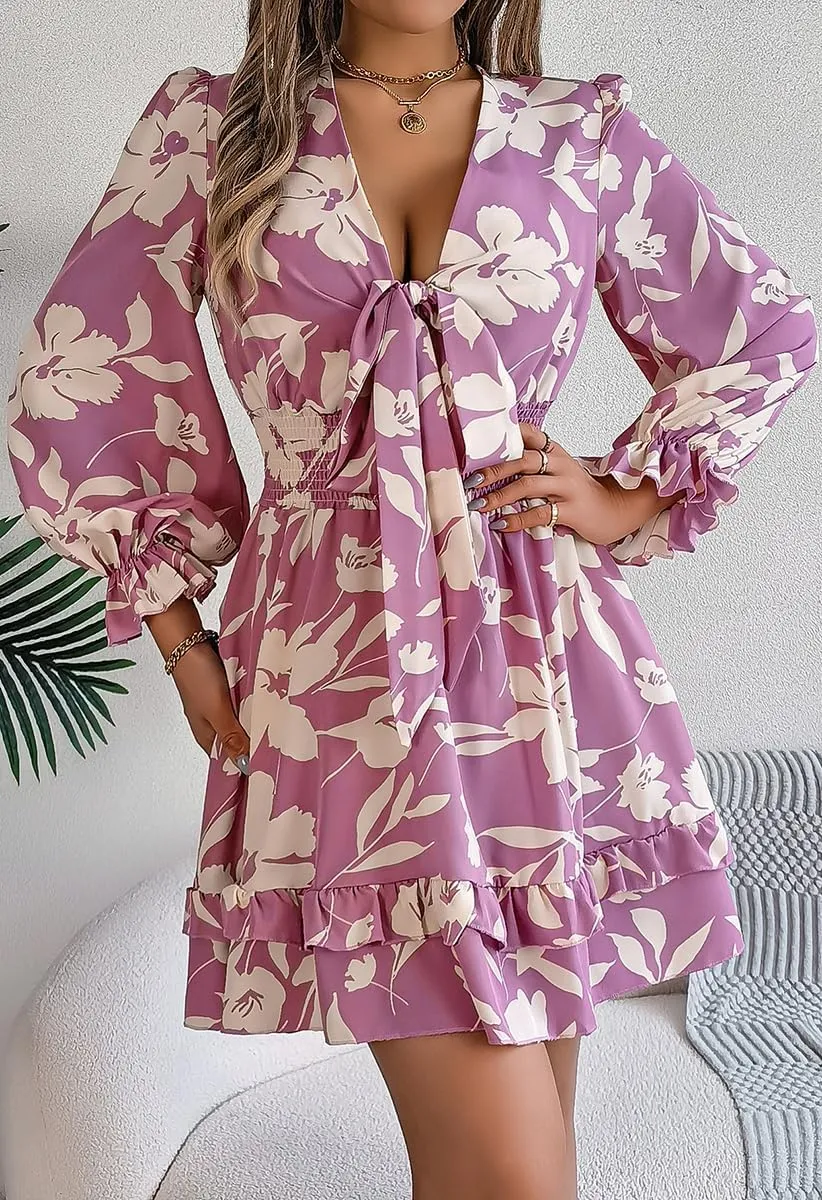 Floral Print Mini Dress, V-Neck, Long Sleeve, Ruffle Hem, Available in Green, Burgundy, Purple