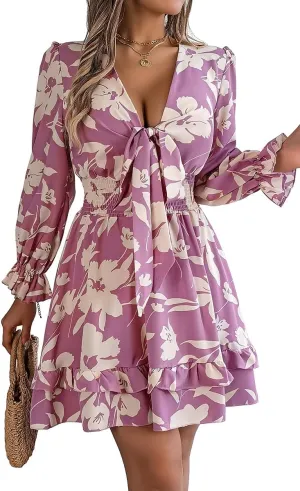 Floral Print Mini Dress, V-Neck, Long Sleeve, Ruffle Hem, Available in Green, Burgundy, Purple
