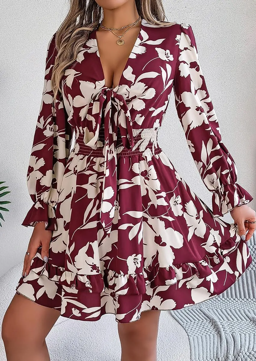 Floral Print Mini Dress, V-Neck, Long Sleeve, Ruffle Hem, Available in Green, Burgundy, Purple