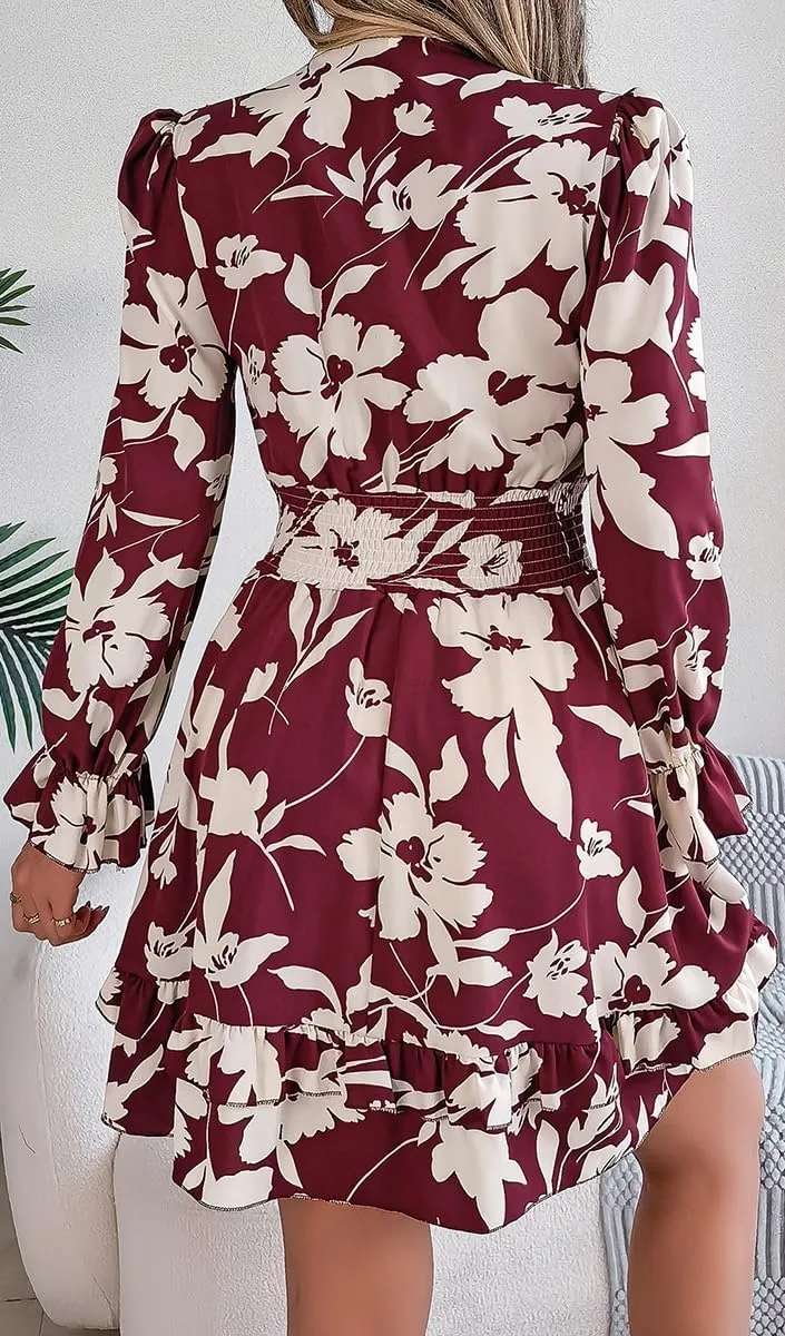 Floral Print Mini Dress, V-Neck, Long Sleeve, Ruffle Hem, Available in Green, Burgundy, Purple