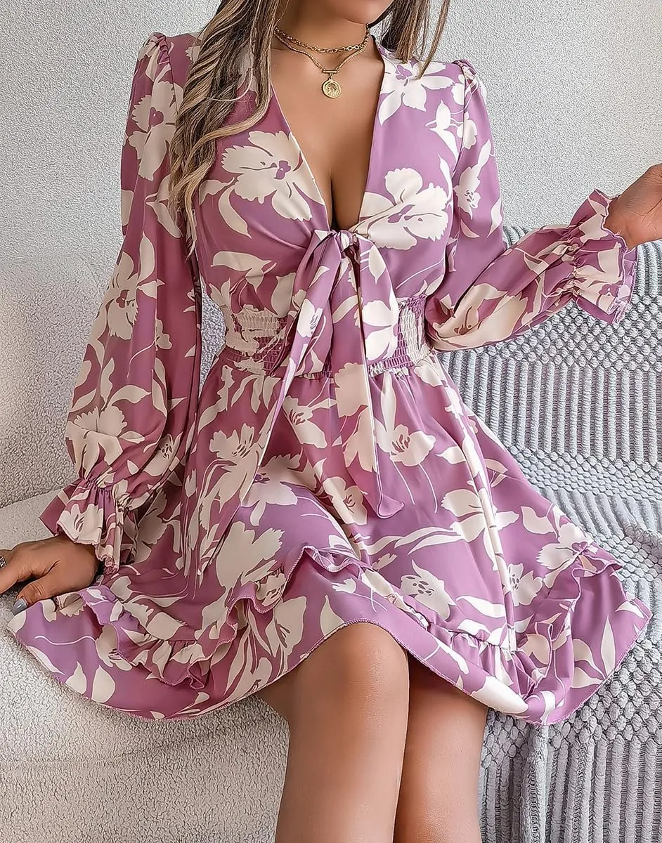 Floral Print Mini Dress, V-Neck, Long Sleeve, Ruffle Hem, Available in Green, Burgundy, Purple